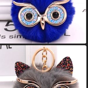 2 Piece Set /Sequin Pom-pom Owl Keychain Keyring Charm